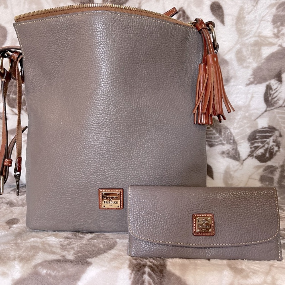 Dooney and Bourke Grey Tan cross bag and wallet.